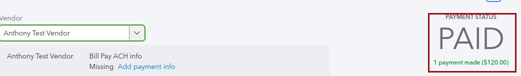 Bill marked PAID in QuickBooks after the expense was applied as a Bill Payment