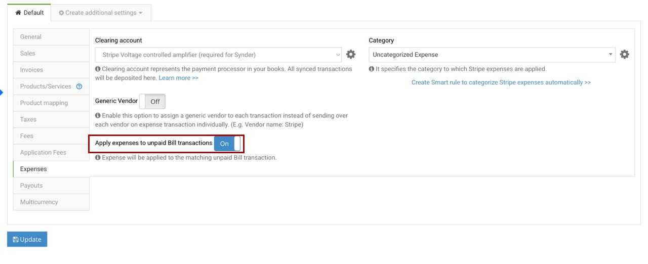 Apply expenses to unpaid Bill transactions setting on the Expenses tab in Synder