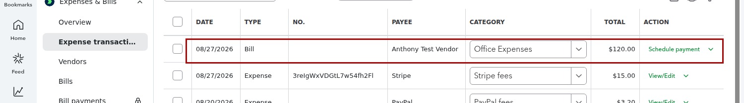 Open unpaid Bill for the vendor in QuickBooks Online (category Office Expenses)