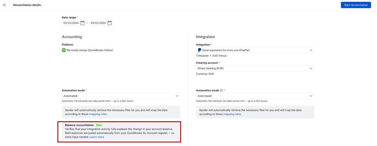 Balance reconciliation option on the Transaction Reconciliation setup screen