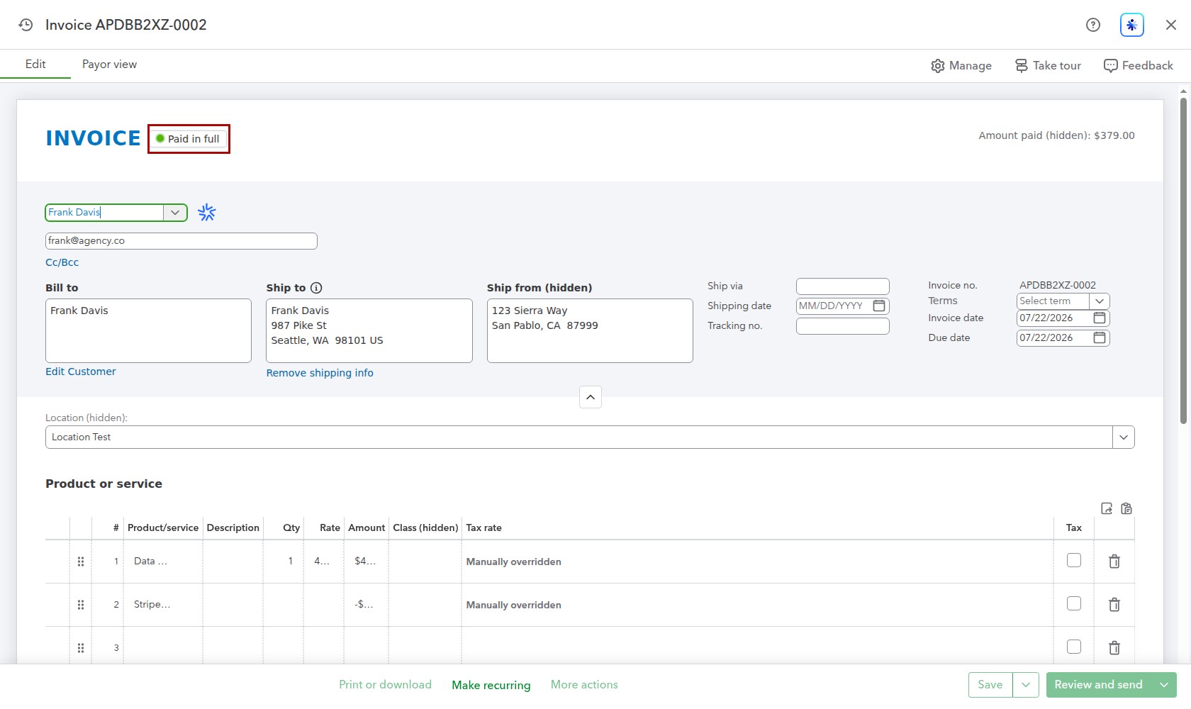 QuickBooks Online invoice marked Paid in full after Synder applied the Stripe payment, with the green Paid in full badge and amount paid highlighted in red