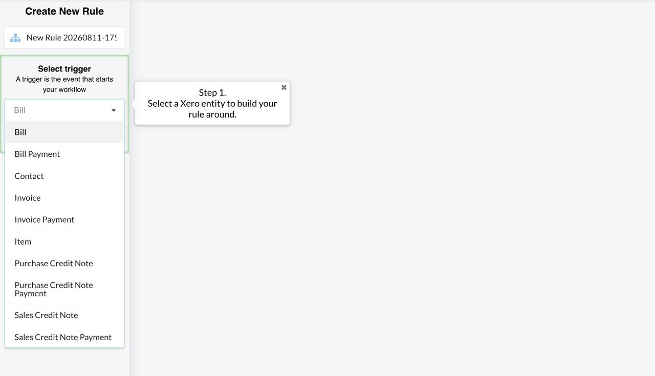 Smart Rules trigger dropdown listing the ten Xero entities