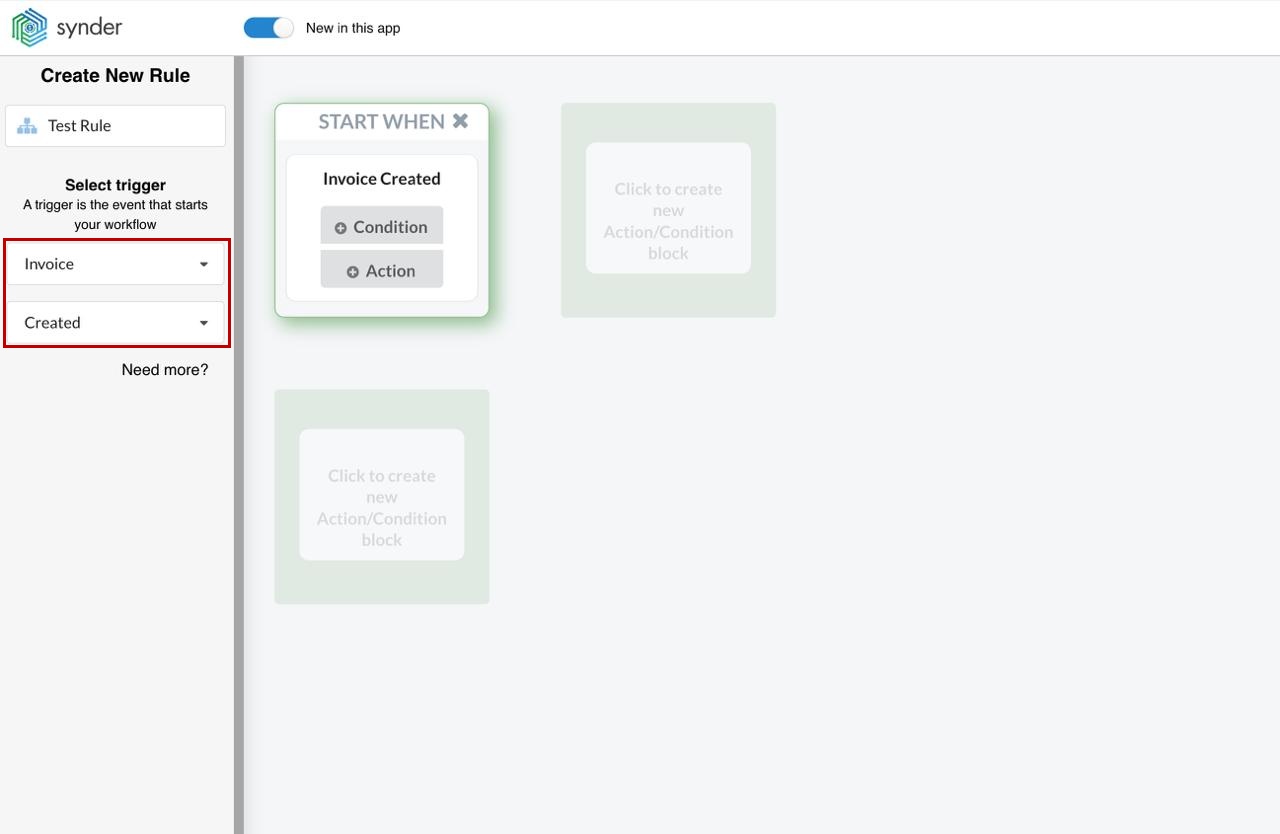 Synder Smart Rules trigger panel with Invoice and Created selected