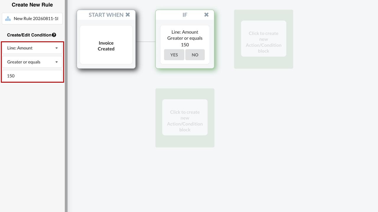 Synder Smart Rules condition set to Line: Amount greater or equals 150