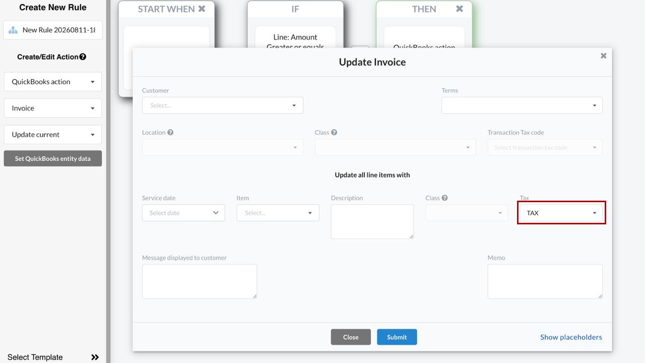 Synder Update Invoice window with the Tax field set to TAX