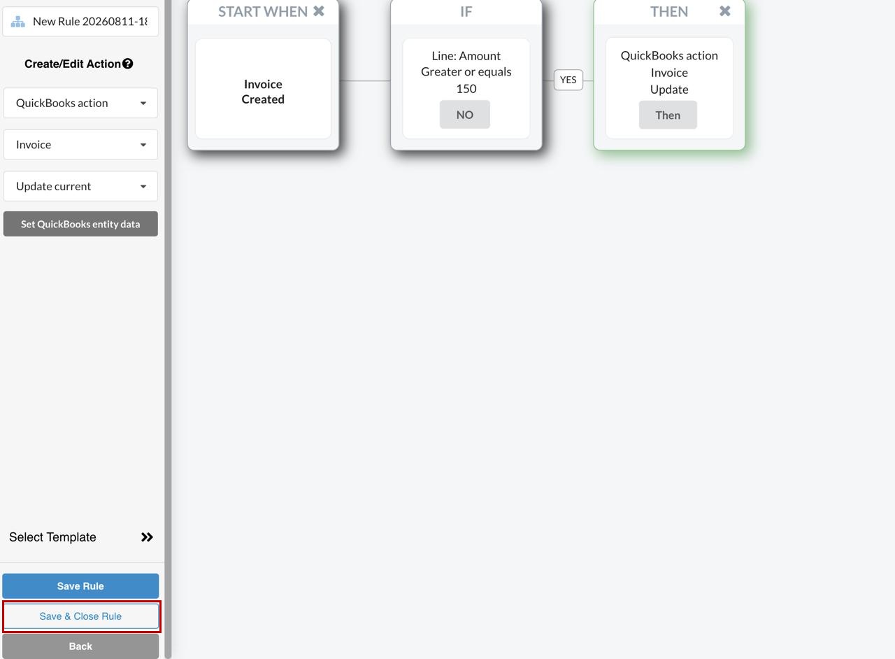 Synder Smart Rules canvas for an Invoice rule with Save and Close Rule highlighted