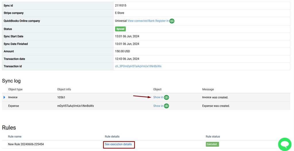 Synder sync log showing an Invoice row confirming the invoice was created