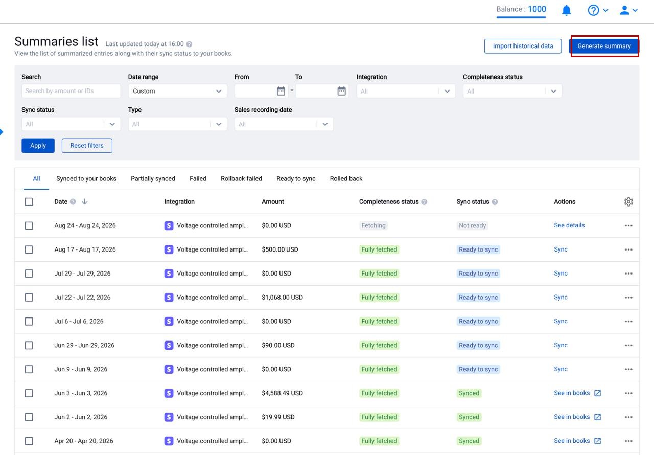 Generate summary button on the Summaries list in Synder Summary Sync