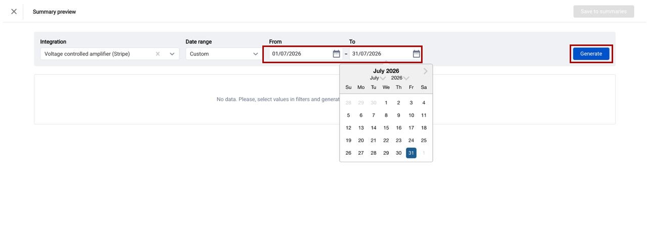 Selecting the integration and custom date range in the Summary preview before generating a summary manually
