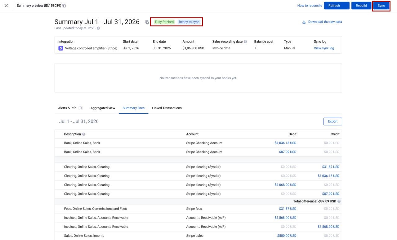 Manually generated summary showing Fully fetched and Ready to sync statuses with the Sync button