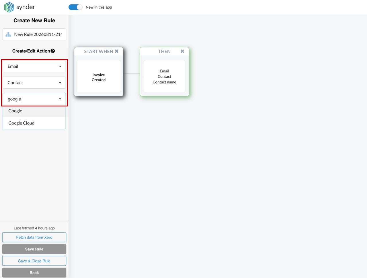 Synder Smart Rules Xero rule with an Invoice Created trigger and an Email action addressed to a contact