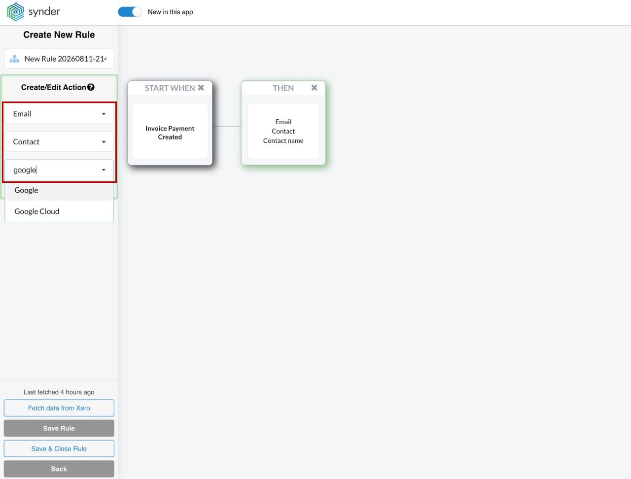 Synder Smart Rules Xero rule with an Invoice Payment Created trigger and an Email action addressed to a contact