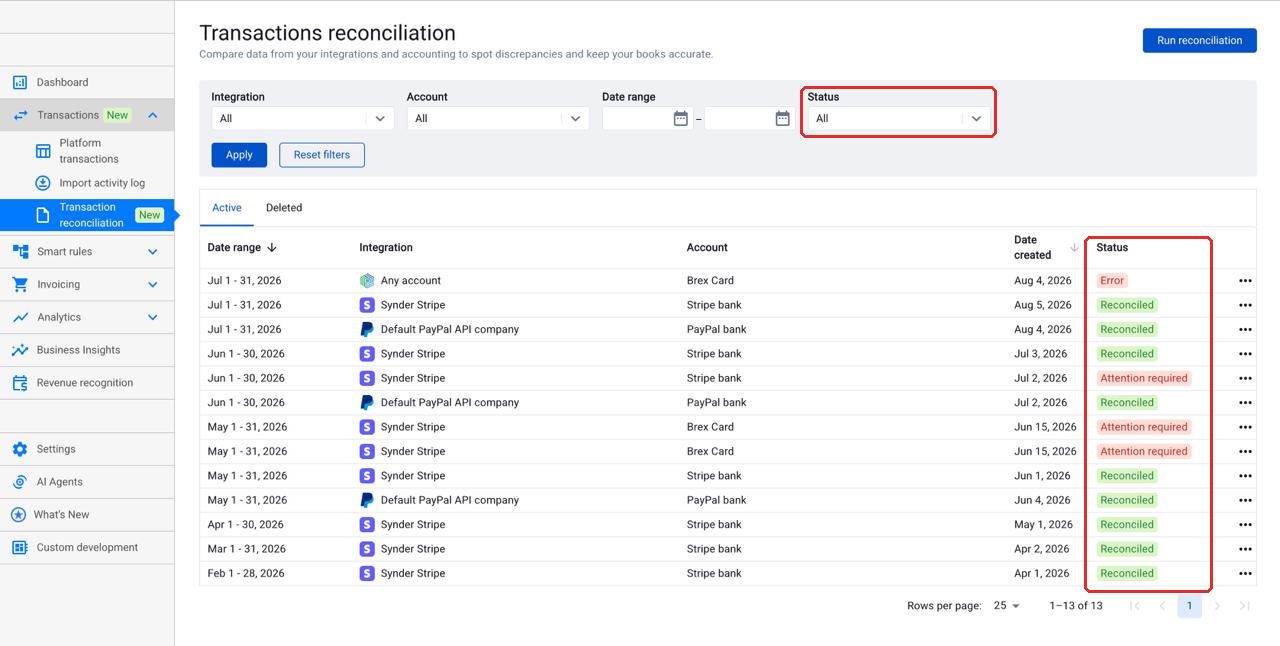 Transaction reconciliation list showing the Status column and Status filter