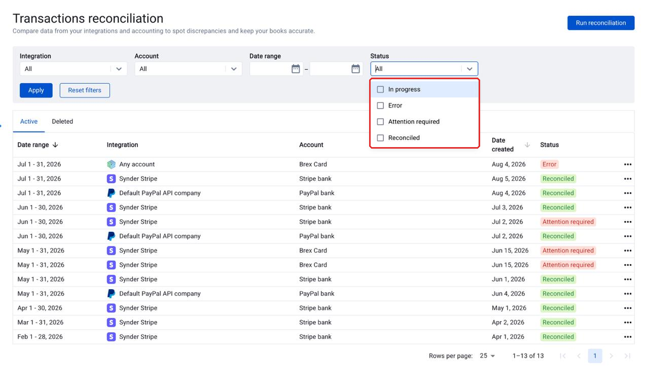 Status filter showing In progress, Error, Attention required and Reconciled