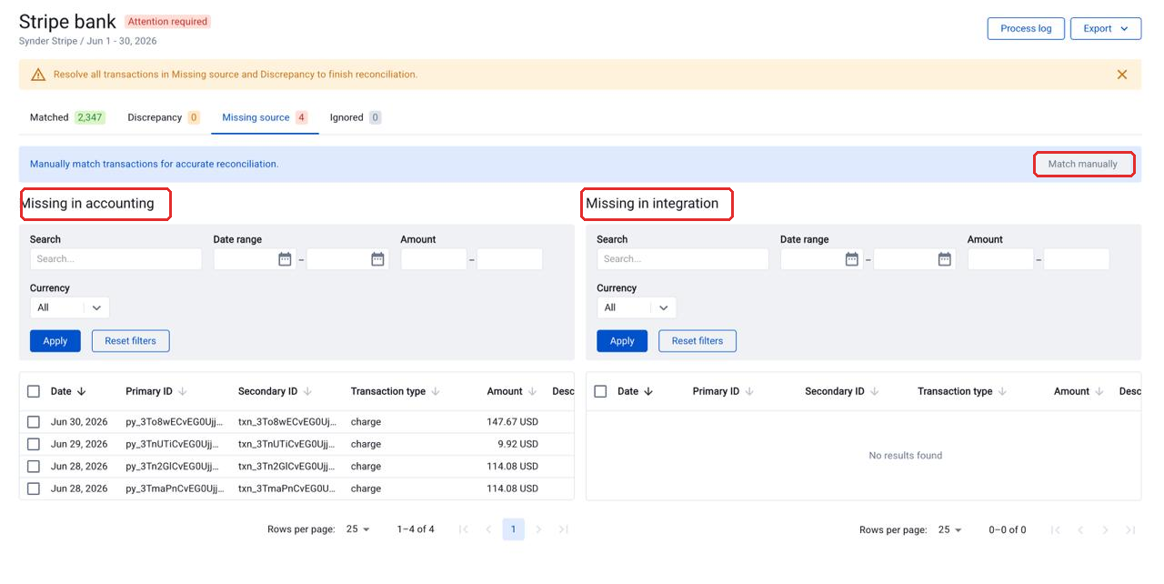 Missing source tab showing Missing in accounting and Missing in integration