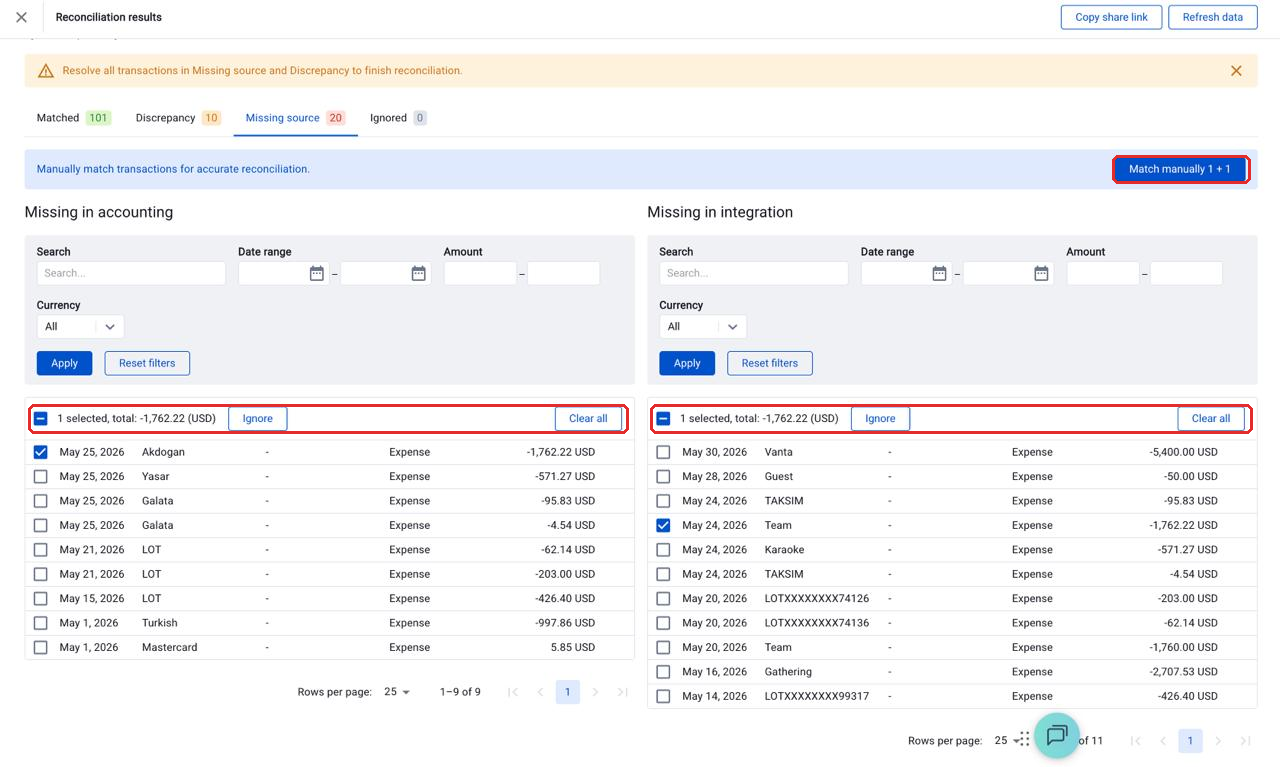 Selected transactions showing the running total, Ignore and Clear all