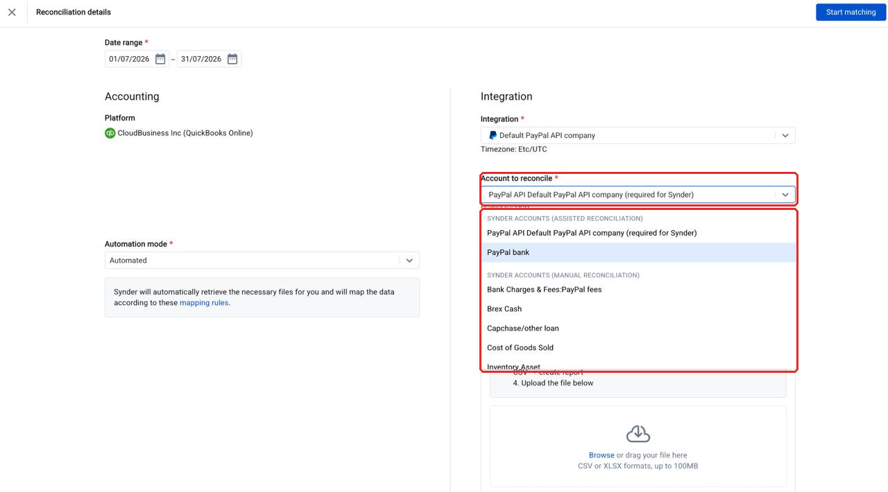 PayPal setup showing the grouped Account to reconcile list