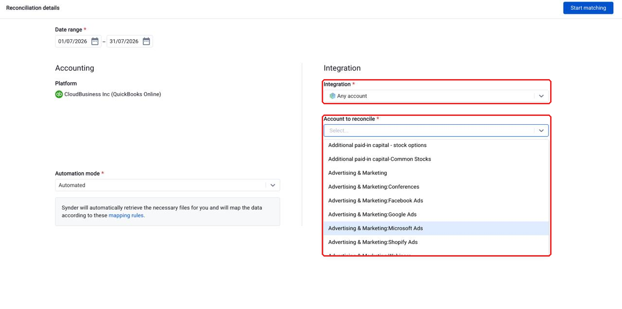 Reconciliation setup with Any account selected and the Account to reconcile list open