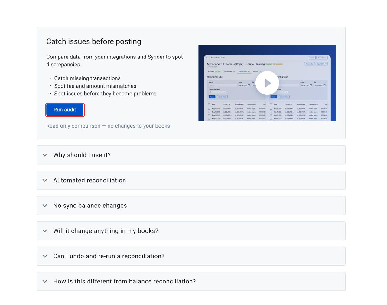 Transaction reconciliation welcome screen with the Run audit button