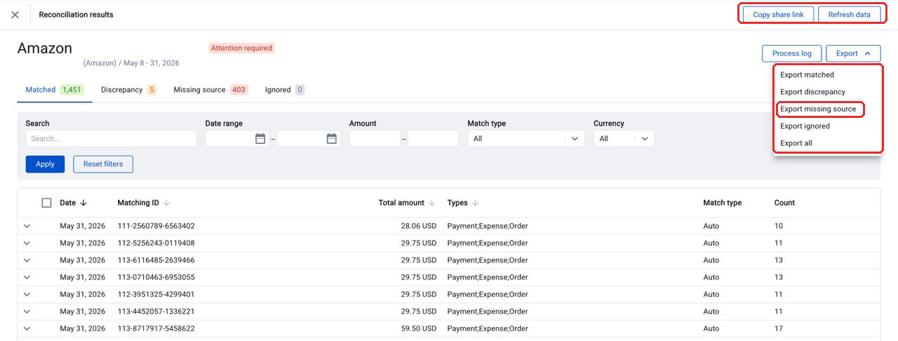 Export menu showing Export missing source
