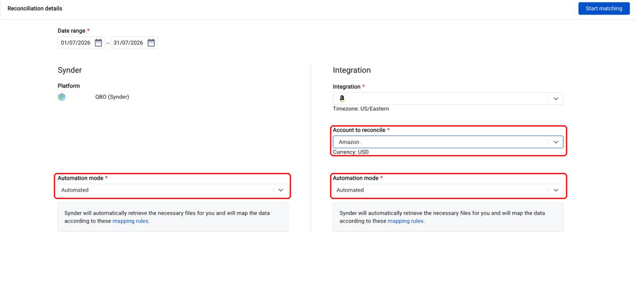 Summary Sync reconciliation setup showing the Synder and Integration columns
