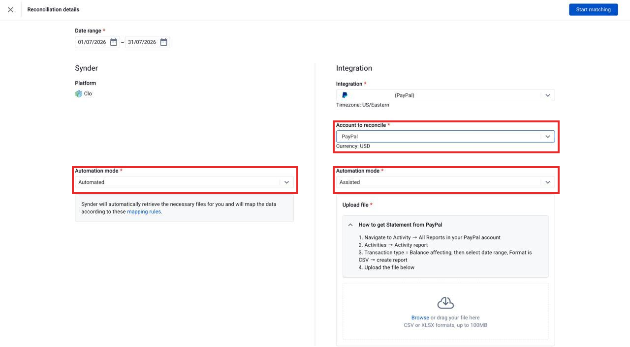 PayPal reconciliation setup in Summary Sync with Account to reconcile and Assisted automation mode