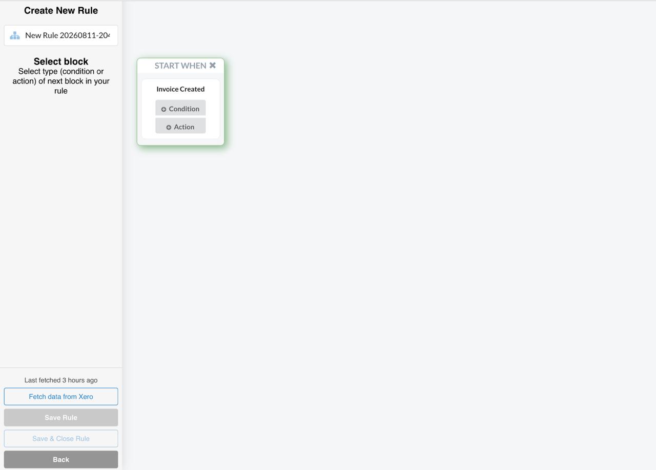 Synder Smart Rules canvas for Xero with the Invoice Created trigger