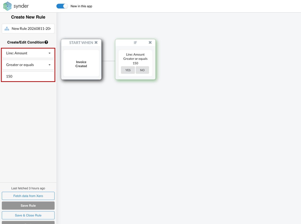 Synder Smart Rules Xero condition set to Line: Amount greater or equals 150