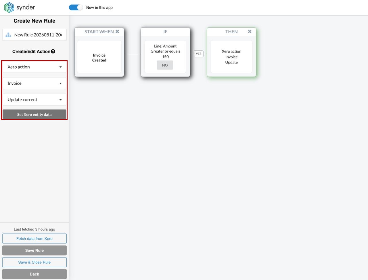 Synder Smart Rules Xero action panel set to Xero action, Invoice, Update current