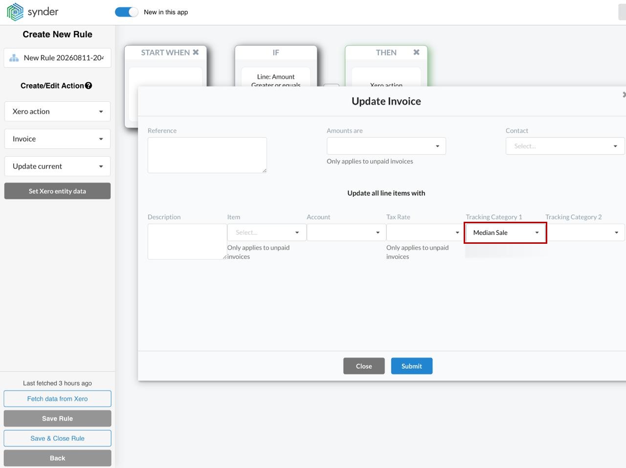 Synder Update Invoice window for Xero with Tracking Category 1 set and unpaid invoice warnings visible