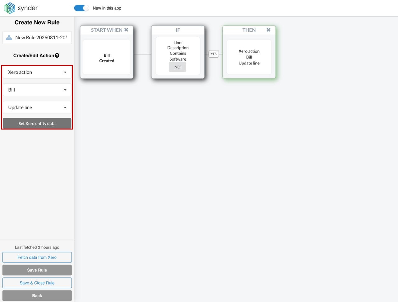 Synder Smart Rules Xero action panel set to Xero action, Bill, Update line
