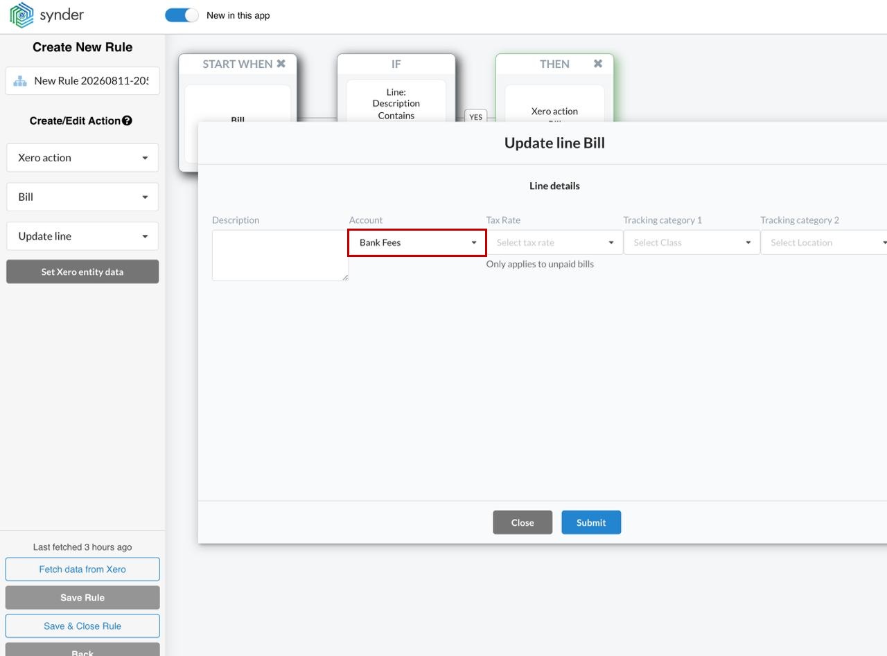 Synder Update line Bill window for Xero with the Account field set and both tracking category dropdowns visible