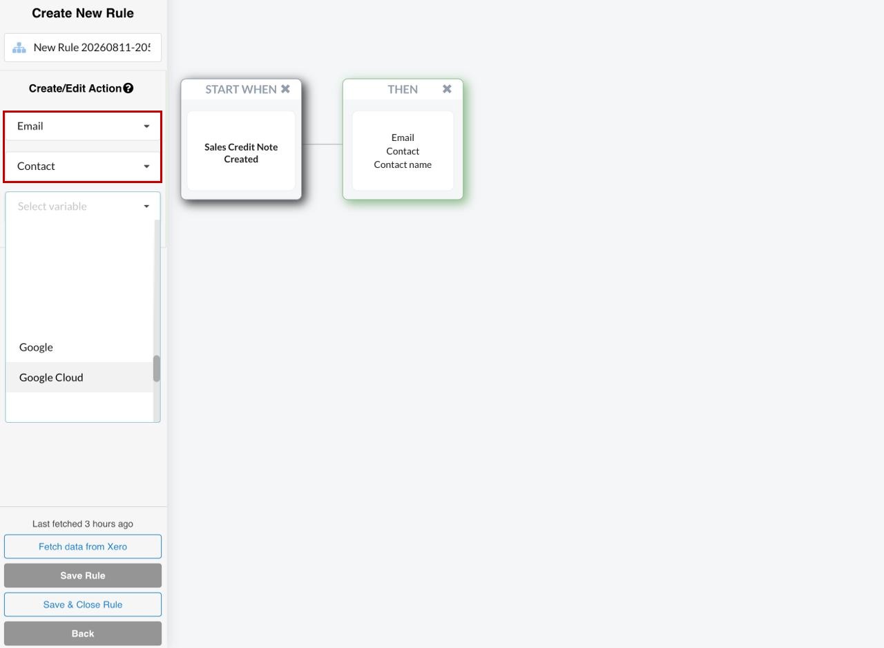 Synder Smart Rules Xero email action on a Sales Credit Note trigger