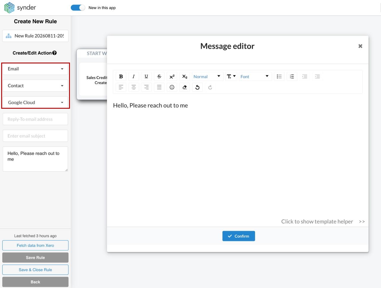 Synder Smart Rules message editor for composing the notification email