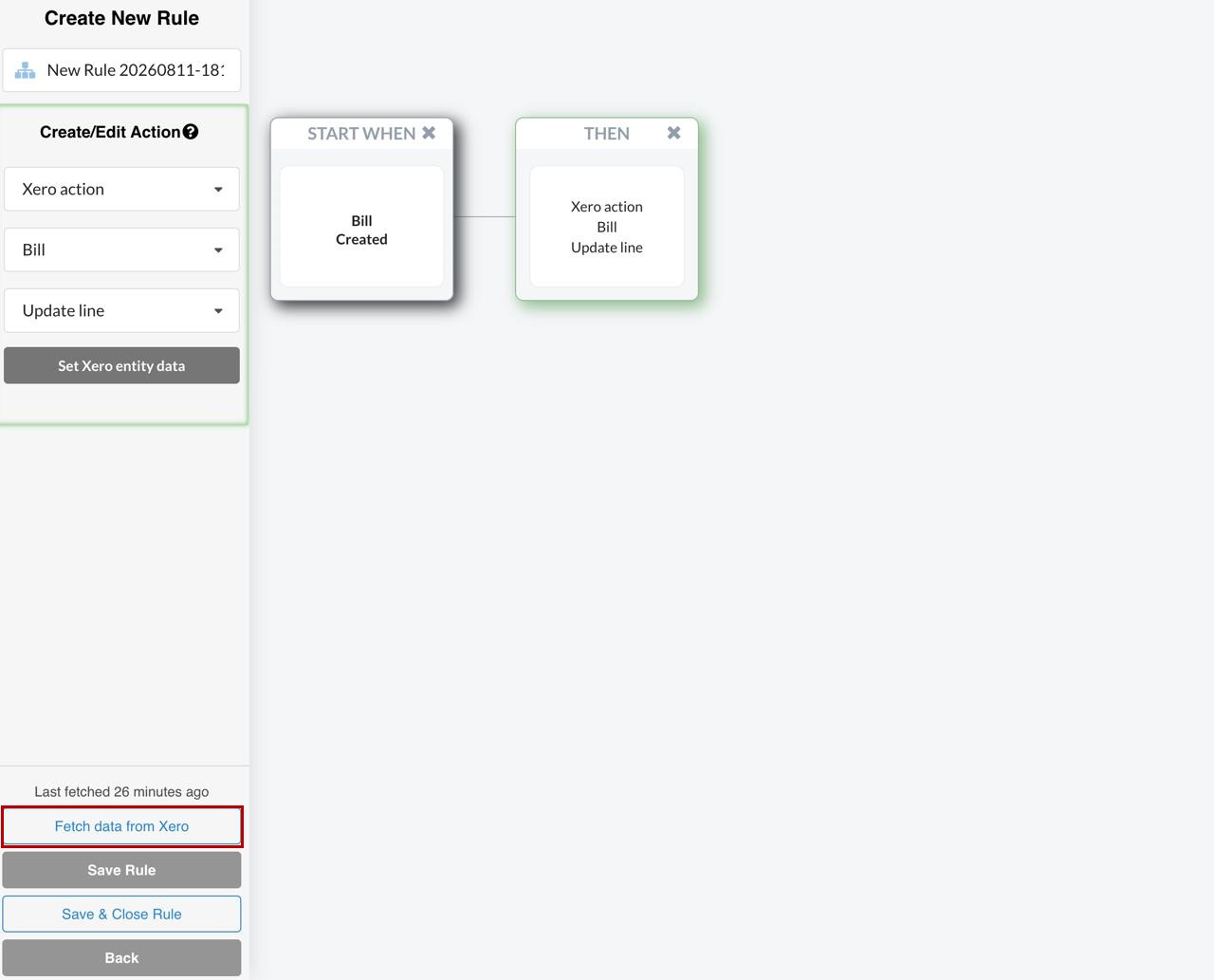 Synder Smart Rules Xero panel with the Fetch data from Xero button highlighted and the Last fetched timestamp above it