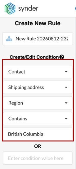 Synder Smart Rules condition builder for Xero showing Contact: Shipping address, Region, Contains, and British Columbia highlighted in red