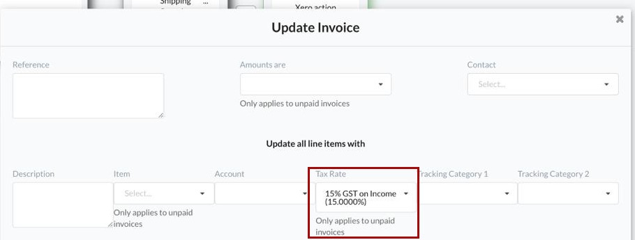 Synder Update Invoice window for Xero with the Tax Rate field set to 15% GST on Income and Only applies to unpaid invoices note highlighted in red