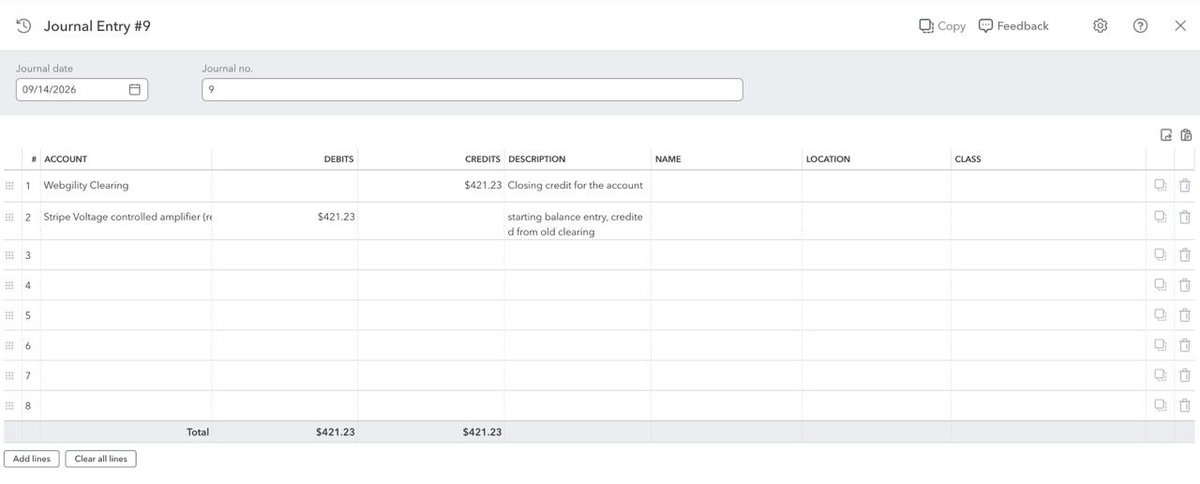 Switch to Synder: journal entry moving the old clearing balance into Synder