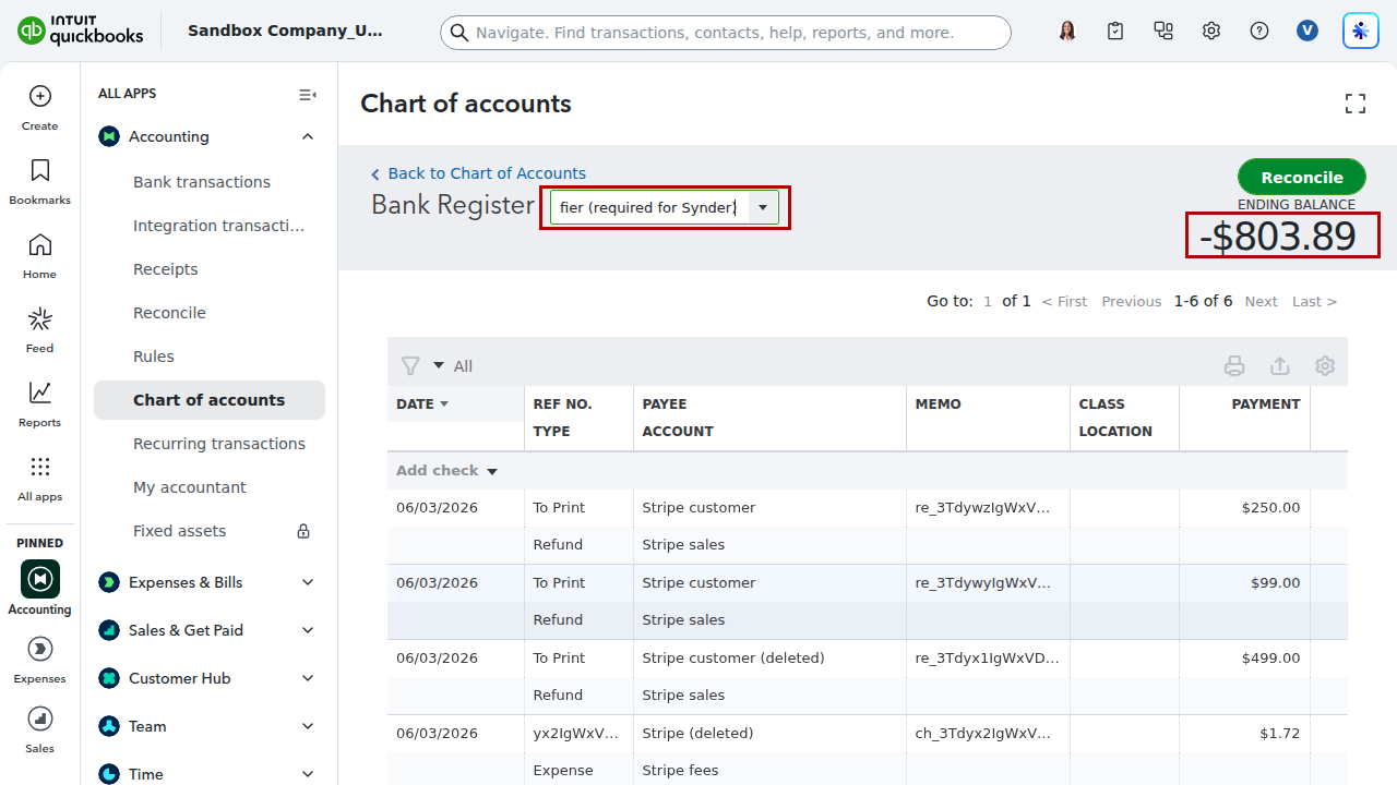 QuickBooks Online clearing account register showing individual per-transaction entries and an ending balance