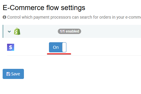 Synder E-Commerce flow settings panel with the order-search toggle enabled