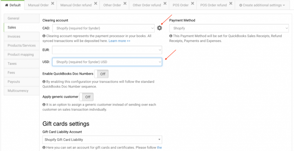 Synder Sales settings with a separate clearing account mapped for each currency