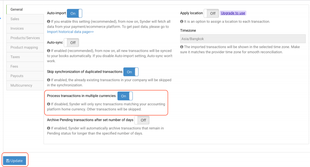 Synder General settings with the Process transactions in multiple currencies toggle enabled