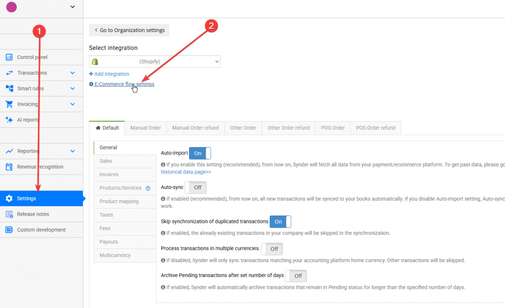Synder settings showing where to open E-Commerce flow settings