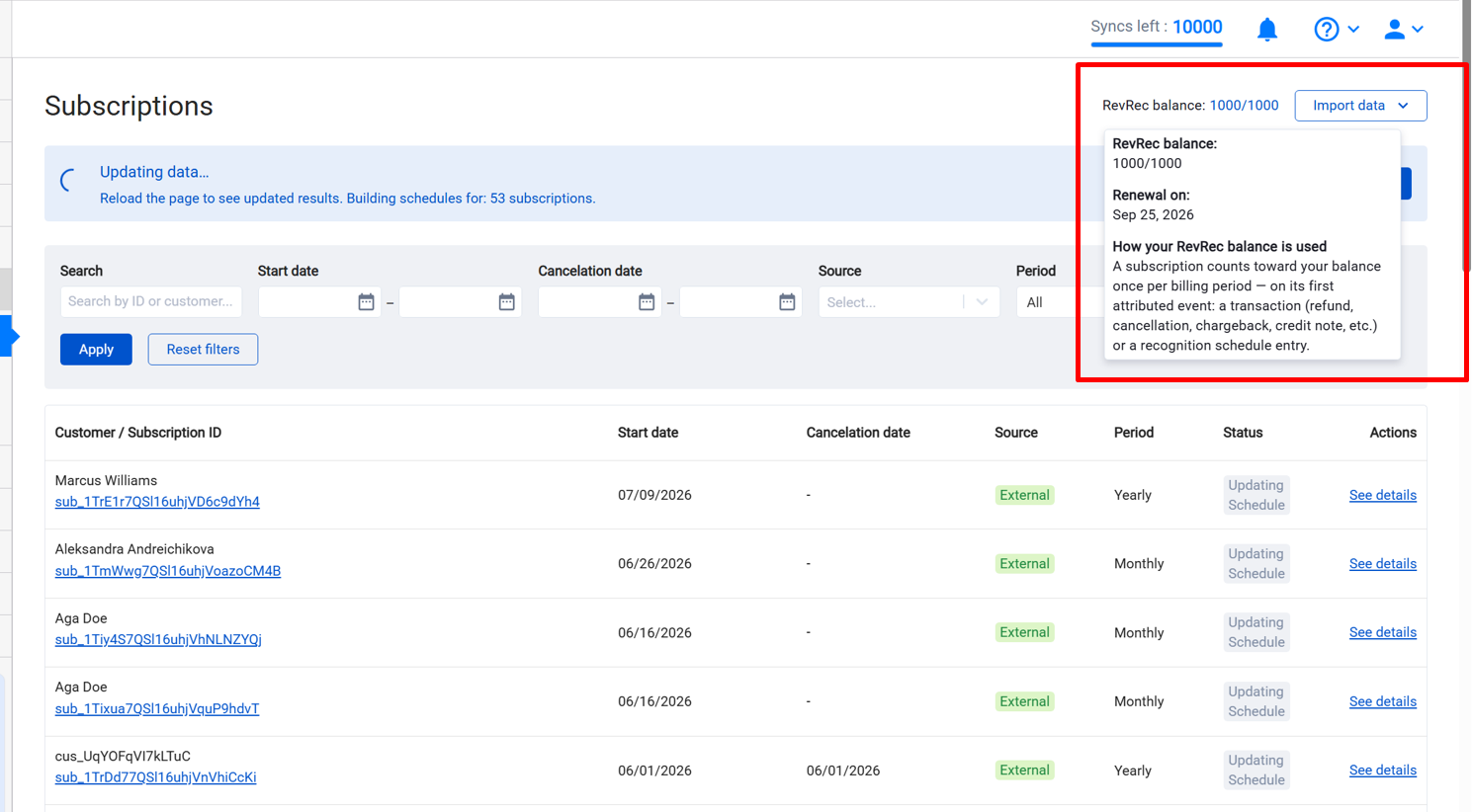 RevRec balance widget on the Synder Subscriptions page showing credits used against your monthly cap