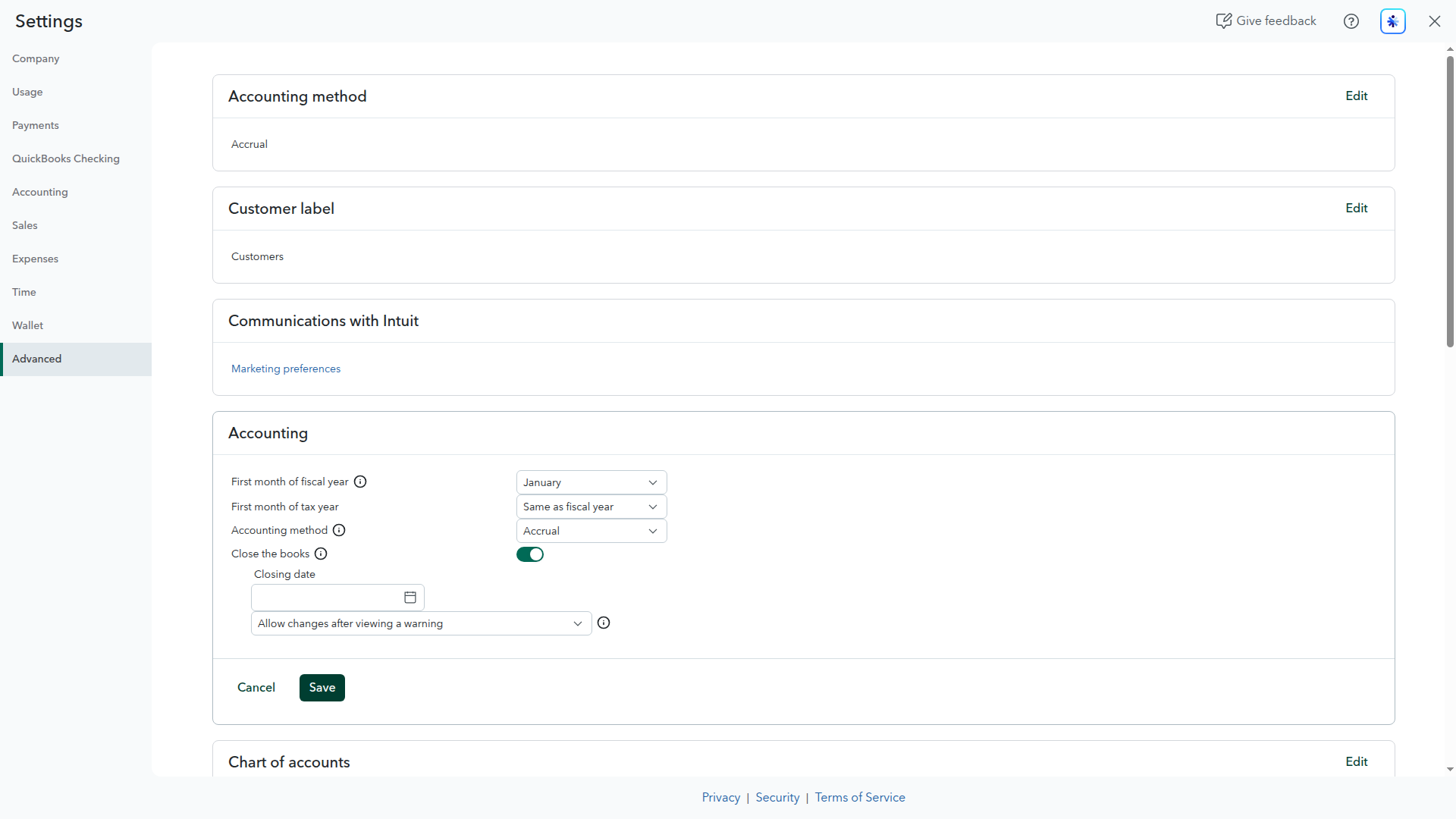 Switch to Synder: close the books setting in QuickBooks Online with the closing date field