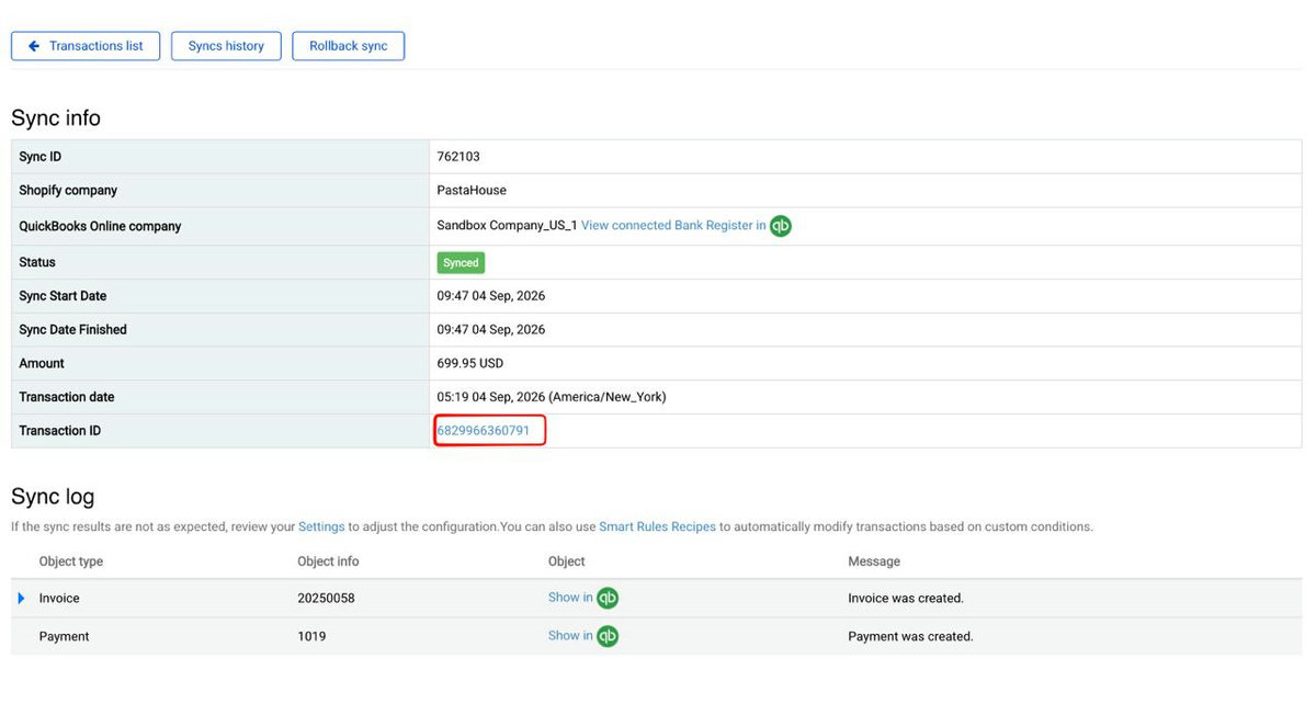 Synder Sync info page showing the Transaction ID field highlighted