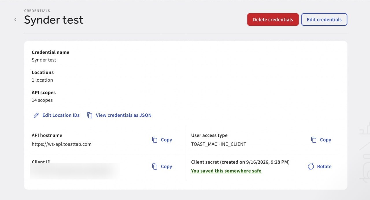 Toast Credentials page showing Client ID, client secret, API hostname and user access type