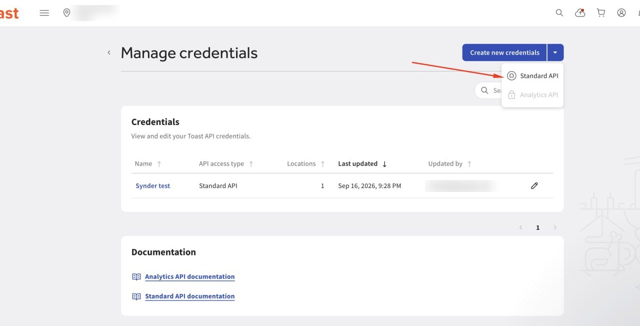 Toast Manage credentials page with the Create new credentials dropdown open and Standard API highlighted
