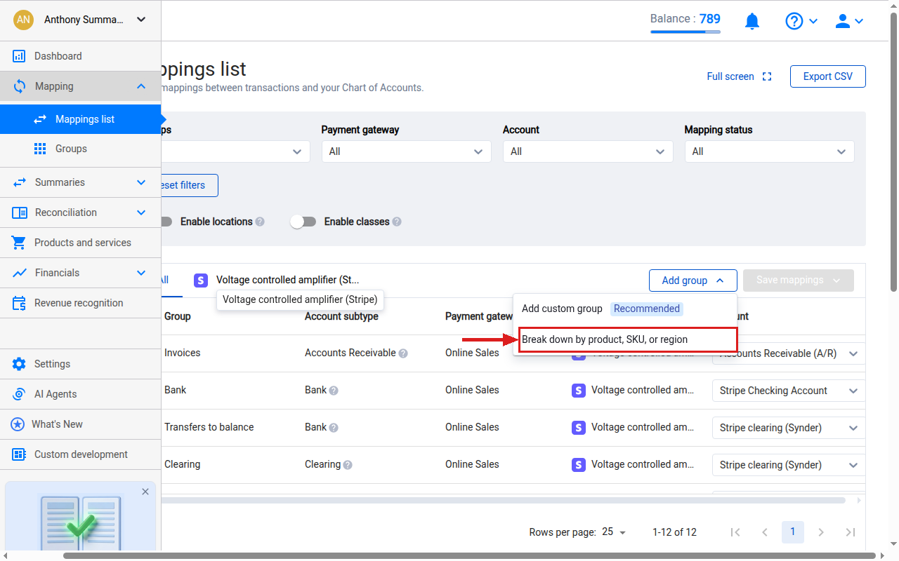 Synder Summary mapping Add group menu with Break down by product, SKU, or region highlighted
