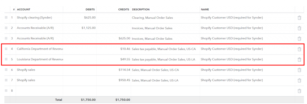 Synder summary preview showing US-CA and US-LA sales tax payable lines